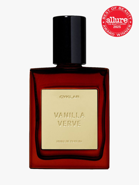 CYKLAR Perfume Oil in Vanilla Verve in branded amber bottle with black cap on light gray background with red Allure Best of Beauty seal in the top right corner