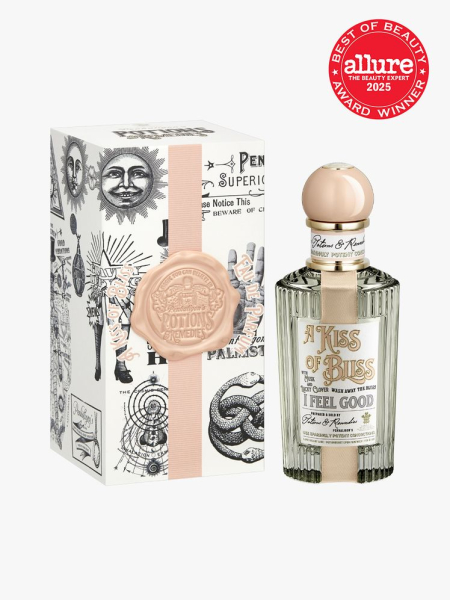  Penhaligon's A Kiss of Bliss Eau de Parfum in glass bottle with decorative cap next to branded box packaging on light gray background with red Allure Best of Beauty seal in the top right corner