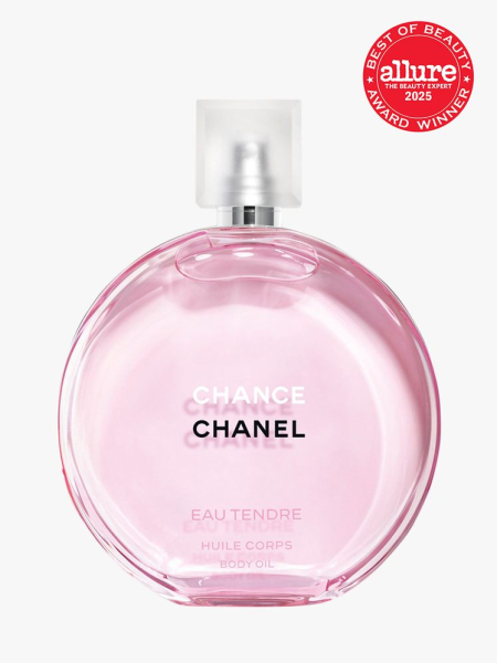 CHANEL CHANCE EAU TENDRE Body Oil in branded clear bottle with frosted cap on light gray background with red Allure Best of Beauty seal in the top right corner