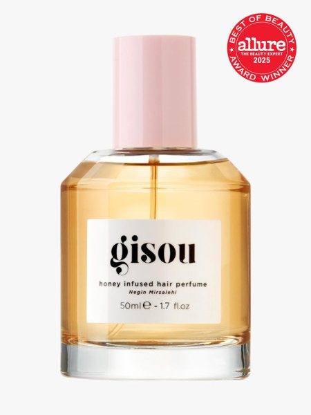 Gisou Honey Infused Hair Perfume in branded glass bottle with pink cap on light gray background with red Allure Best of Beauty seal in the top right corner