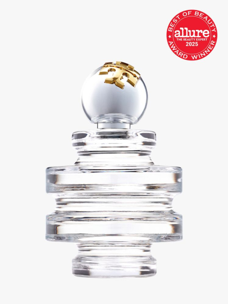 Tory Burch Sublime Eau de Parfum in clear glass bottle with decorative cap on light gray background with red Allure Best of Beauty seal in the top right corner