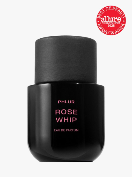 PHLUR Rose Whip Eau De Parfum black bottle of perfume on light gray background with red Allure Best of Beauty seal in the top right corner