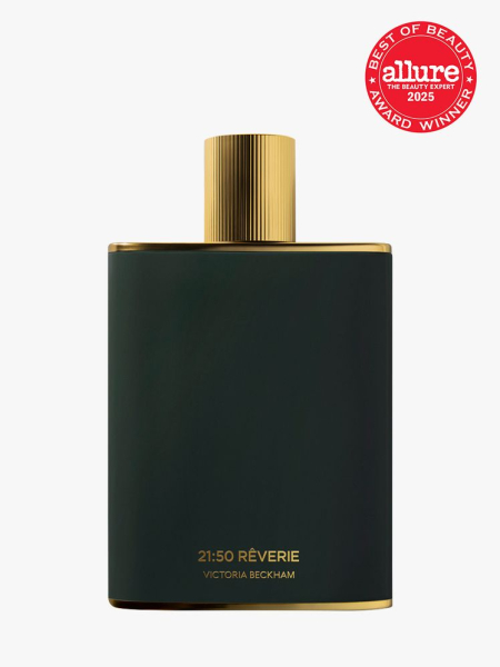 Victoria Beckham Beauty 21:50 Rêverie Eau de Parfum flat green rectangle bottle of perfume with gold cap on light gray background with red Allure Best of Beauty seal in the top right corner